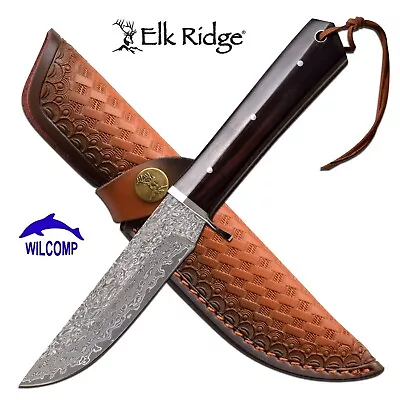 ELK RIDGE Damascus Pattern Fixed Blade Knife With Leather Sheath ER-200-24DM • $99