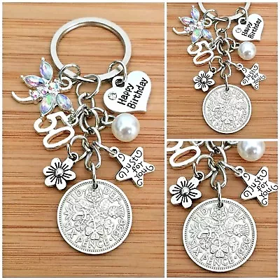 £6.99 • Buy Lucky Sixpence Charm Birthday Gift Keyring 18th 21st 30th 40th 50th 60th 70th 80