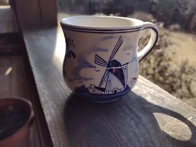 Vtg Delft Blue Coffee Cup Holland Hand Painted Windmill & Flowers • $5