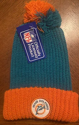 70s 80s Vintage Miami Dolphins NFL Knit Winter Pom Pom Hat New With Tag!! RARE!! • $59.95