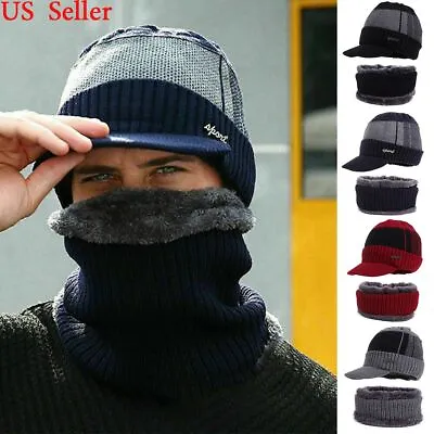 Men Winter Warm Hat Knit Visor Beanie Fleece Lined Billed Beanie With Brim Caps • $11.69