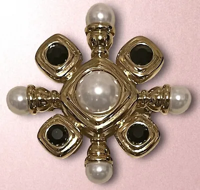 80s Vintage Couture Mogul Maltese Cross Brooch Gold Tone Faux Pearl Rhinestones • $20