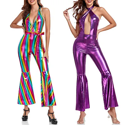 Womens 70s Disco Costume Shiny Jumpsuit Backless Clubwear Deep V Neck Catsuit • £40.79