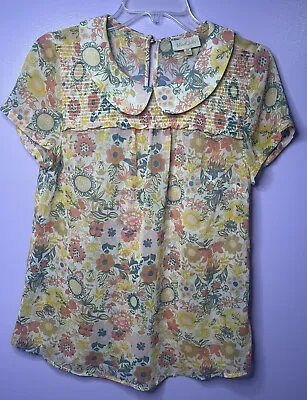 $24 • Buy ModCloth Short Sleeve Yellow Floral Print Peter Pan Collar Top Medium