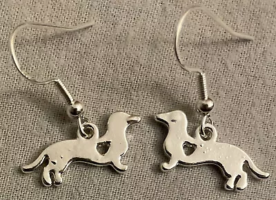 DACHSHUND DOG With HEART EARRINGS - Pewter W/SS Ear Wires (or GP) DOXIE WIENER • $14.99