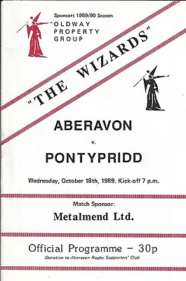 Aberavon v Pontypridd 18 Oct 1989 RUGBY PROGRAMME • £4.99