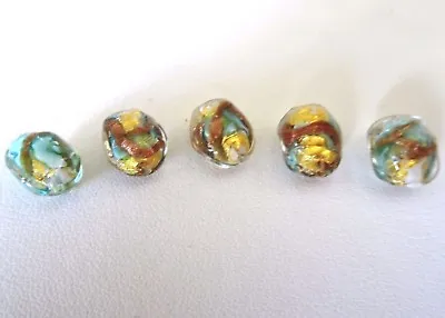 Puffed Murano Lampwork Glass Beads Gold Foil Bronze Green Quantity 5 • $20.31