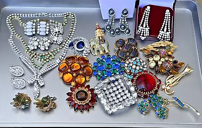 Vtg Rhinestone Necklace Earrings & Brooch Lot Multi Color 23 Pieces High End • $179