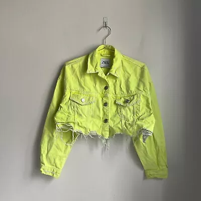 $15 • Buy Zara Women's Distressed Denim Crop Jacket In Neon Yellow Size XSMALL
