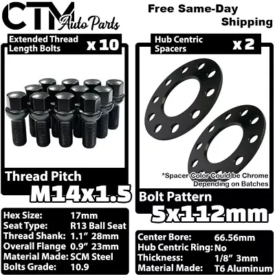 2x 3mm Thick 5x112 66.56mm CB Wheel Spacer + Black Bolt Fit Mercedes Stock Wheel • $36.79