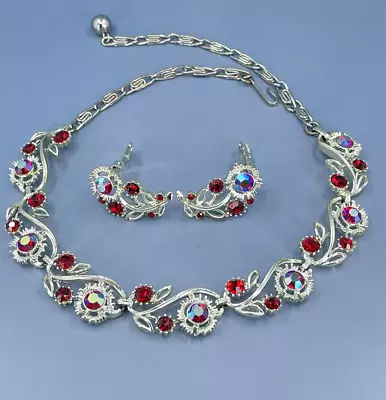 Vintage Lisner Ruby Red Flower Necklace Earring Set Aurora Borealis Silver Tone • $64