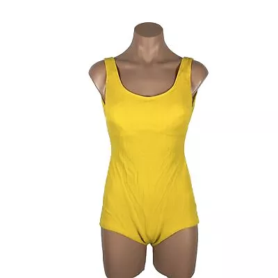 Vintage 70s Cole Of California Yellow Bathing Suit Stripe Boyshort Swimsuit 14 • $49.99