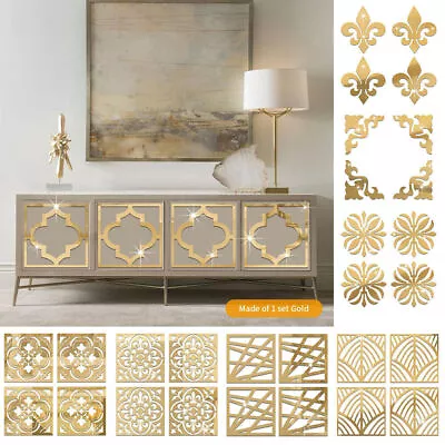 4Pc Gold Flower 3D Mirror Wall Stickers Cabinet Living Room Wall Decals Stickers • £5.63