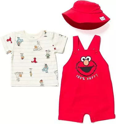 Sesame Street Elmo French Terry Short Overalls T-Shirt And Hat 3 Piece Outfit Se • $65.98