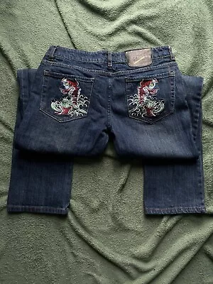 Ed Hardy Jeans Womens Size 30 Dark Wash Denim Koi Fish Embroidered • $99