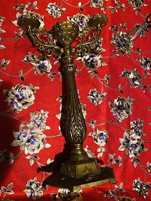 Vintage Gothic Candelabra Candle Holder Holds 2 Candles On Side Brass Metal • $50