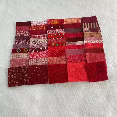 50 Different Red  1 1/2-inch Calico Fabric Quilt Squares - Many Vintage Prints • $3