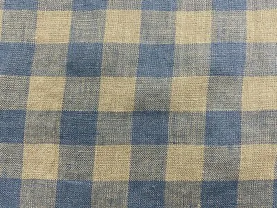 French Vintage Linen Fabric Gingham Check Petrol Blue Grey Curtain Upholstery • £2.99