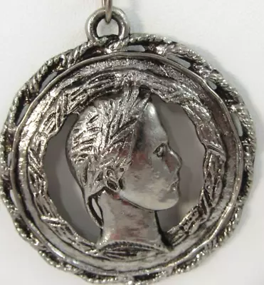 Vintage Large Roman Coin Style Pendant Necklace Silver Tone Metal  • $19.54