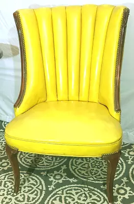 Channel Back Yellow Accent Parlour Chair Vintage 1940s Vinyl Traditional Style • $299.69