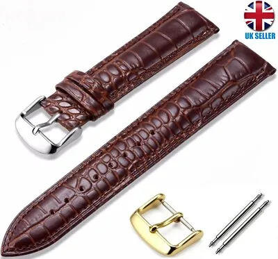 Gold Silver Buckle Crocodile Effect Brown Leather Watch Strap Size 14mm To 24mm • $9.28