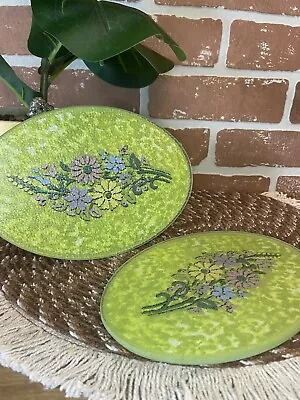 Vintage Tara Glass Green & Floral Trivets Cutting Boards Retro Kitchen Set Of 2 • $15