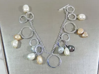 Vtg 925 Sterling Silver Baroque Freshwater Pearl Dangles 6.5  Bracelet • $30