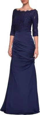 New La Femme Sparkle Lace Trumpet Gown In Navy Size 8 Retail $598 • $103.98