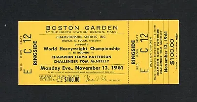 VERY RARE 1961 FLOYD PATTERSON Vs TOM McNEELEY WORLD CHAMPIONSHIP Boxing Ticket • $400