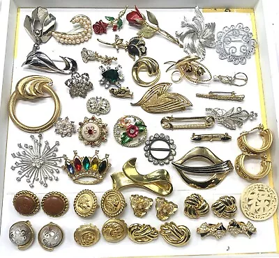 Vintage Jewelry Lot Brooches  Earrings Coro Lisner A Kline Trifari Coventry More • $9.99