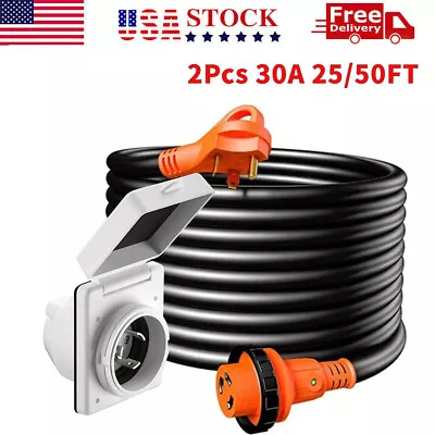 25/50 FOOT 30 Amp RV Power Extension Cord W/Power Inlet Box Waterproof Combo Kit • $59.88