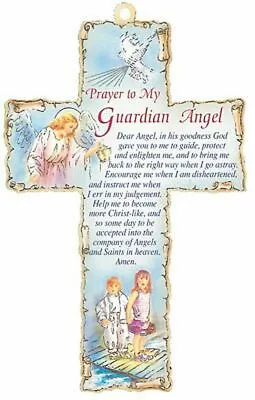 GUARDIAN ANGEL 6  WOOD CROSS Hanging Wall Plaque Cross Prayer Verse Religious  • £4.99