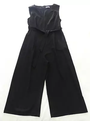 JACQUI E Black Capri JUMPSUIT Size 14 Belted Pockets Cropped Wide Leg Velvet Dot • $38