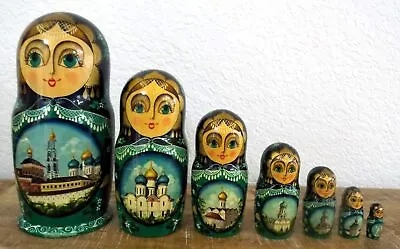 7 Pc Artist Signed 1993 Russian Matry0shka Nesting Doll 8.5  Wood Onion Domes • $44.99