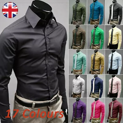 Classic Collar Smart Shirts Long Sleeve Plain Button Down Formal Dress Tops Men♛ • £10.84