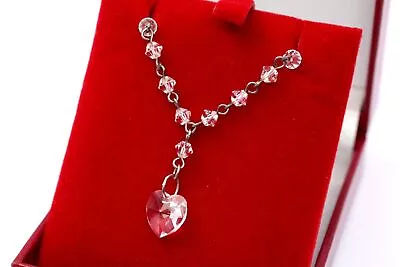 .925 STERLING SILVER & CRYSTAL Lariat Y-Drop Heart Chain Necklace 3.5g - H27 • £12.99