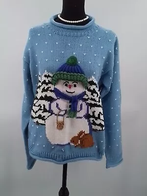 NWT Vintage REY WEAR Sz LG Blue Hand Knitted 3D SNOWMAN  Holiday Sweater • $44.99