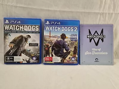 Watch Dogs 1 & 2 (Sony PlayStation 4) Plus Map Of  SAN FRANCISCO Tested  Working • $30