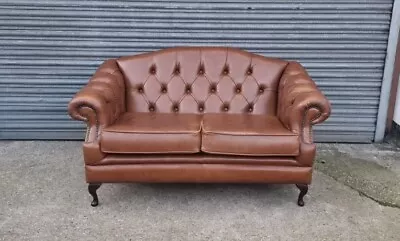 Beautiful Tan Leather Scroll Arm Chesterfield 2 Seater Sofa • £575