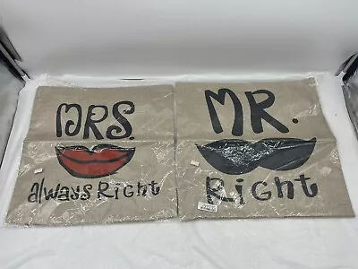 Set-2 Tweed Pillow Cases MR. Right & MRS. Always Right 17x17 Cover Lips Mustache • $29.99