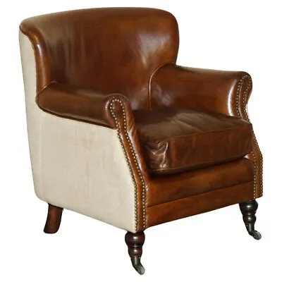 Stunning Vintage Brown Leather Herringbone Wool Little Professor Style Armchair • £850