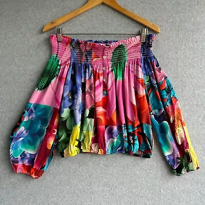 Desigual Top Womens Large Colourful Floral Ruched Off Shoulder Cropped Blouse • $34.99