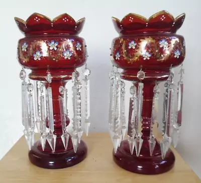 Pair Ruby Red Glass Mantle Lusters Hand Painted Candle Holders Bohemian Prisms • $600