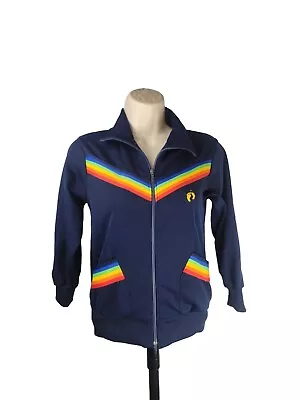 Vintage 70s Hang Ten Surfing Womens Small Rainbow Striped Warm Up Track Jacket • $45