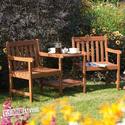 Wooden Garden Companion Love Seat Table And Chair Set Hardwood Twin Chairs • £189.99