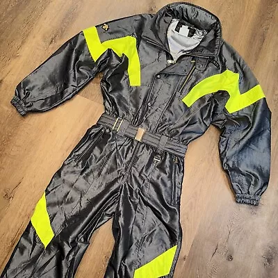 Mens Descente Ski Suit Snowsuit One Piece Snow Bib Shiny Gray Retro Vtg SMALL • $159.99