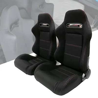 2X Black Reclinable Racing Seats Cloth Red Stitch Left+Right Slider Brackets • $254.64