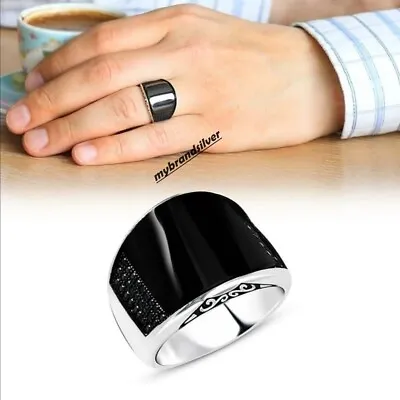 Solid 925 Sterling Silver Turkish Jewelry Black Zircon Stone Men's Ring All Size • $46