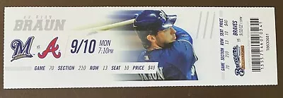 Milwaukee Brewers 9/10/12 MLB Ticket Stub Vs Atlanta Braves - Ryan Braun • $6.95