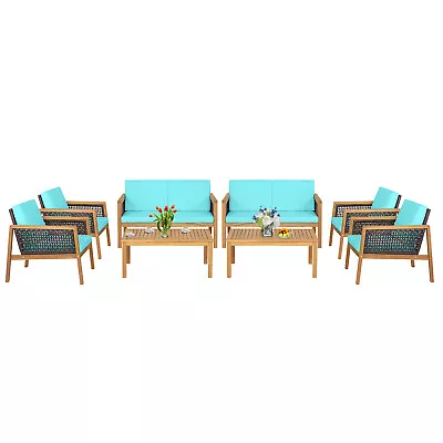 Patiojoy 8PCS Patio Rattan Furniture Set Acacia Wood Cushioned Sofa Turquoise • $869.95